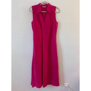 Max Mara Fuchsia Pink Linen Sleeveless Collared V-Neck Midi Dress Medium
